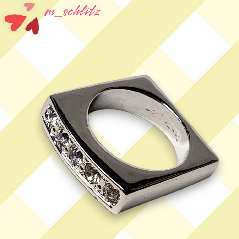 NEW - Camille Lucie Rhodium Plated Square Ring with CZ Embedded Gemstones